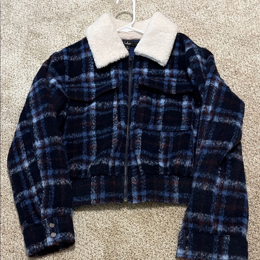 Lulu's Blue Plaid Jean Jacket with Sherpa Collar